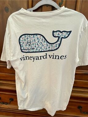 Vineyard Vines White Tee with Navy-Outlined Whale and Multicolor Nautical Fill